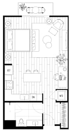 A black and white floor plan of a house with a living room, dining room, kitchen, and bathrooms.